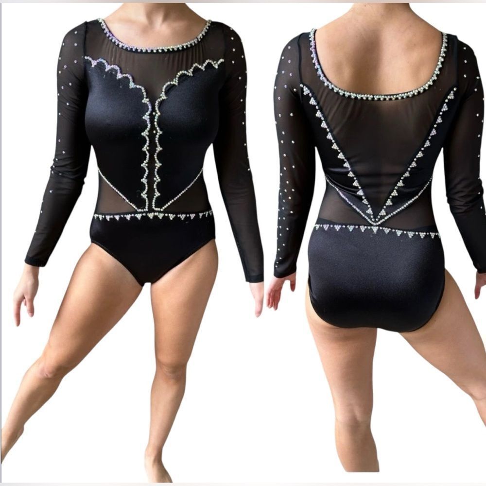 Custom solo costume black long sleeve scalloped rhinestone dance leotard SA adul